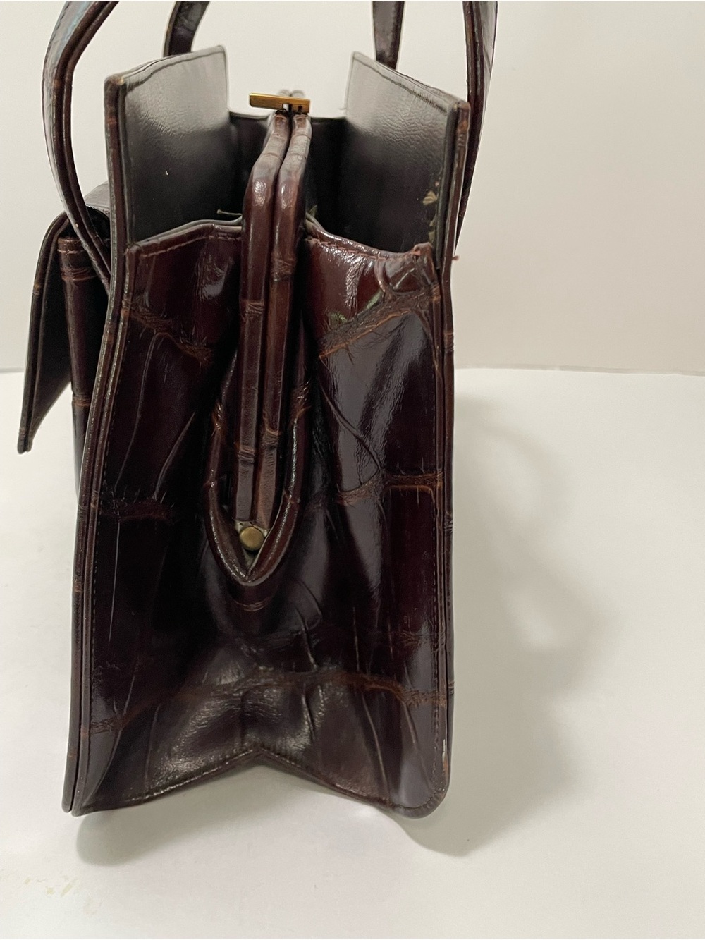Vintage 1950s Faux Alligator Embossed Structured Top Handle Handbag Brown - Picture 6 of 14